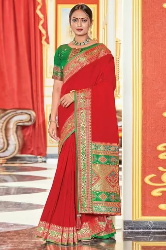 Red colour plain border work silk saree with blouse