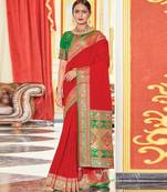Red colour plain border work silk saree with blouse