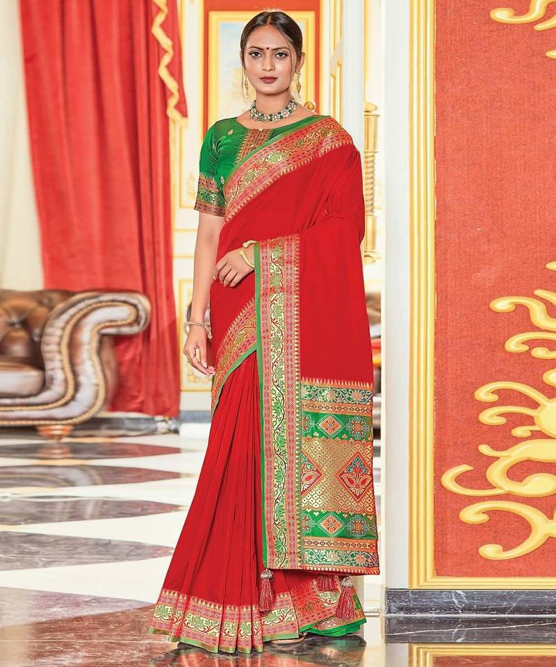 Red colour plain border work silk saree with blouse