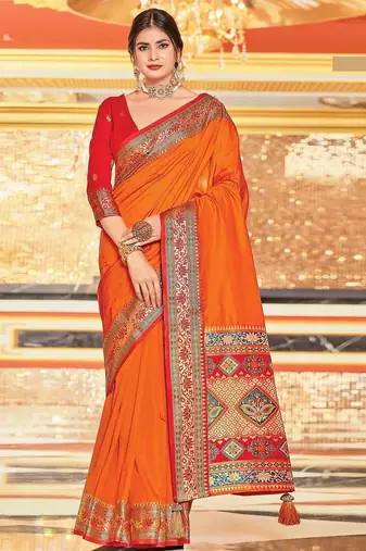 Orange colour plain border work silk saree with blouse