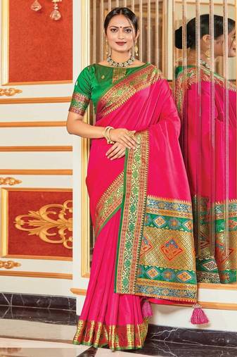 Pink colour plain border work silk saree with blouse