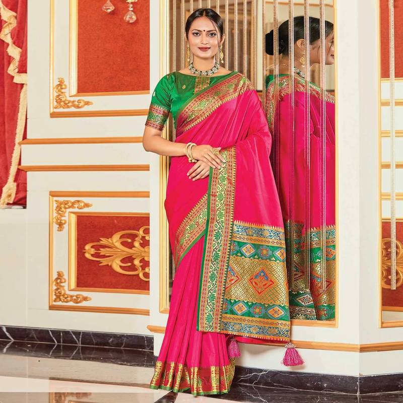Pink colour plain border work silk saree with blouse