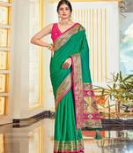 Green colour plain border work silk saree with blouse
