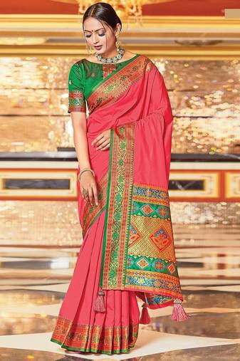 Lithg pink colour plain border work silk saree with blouse