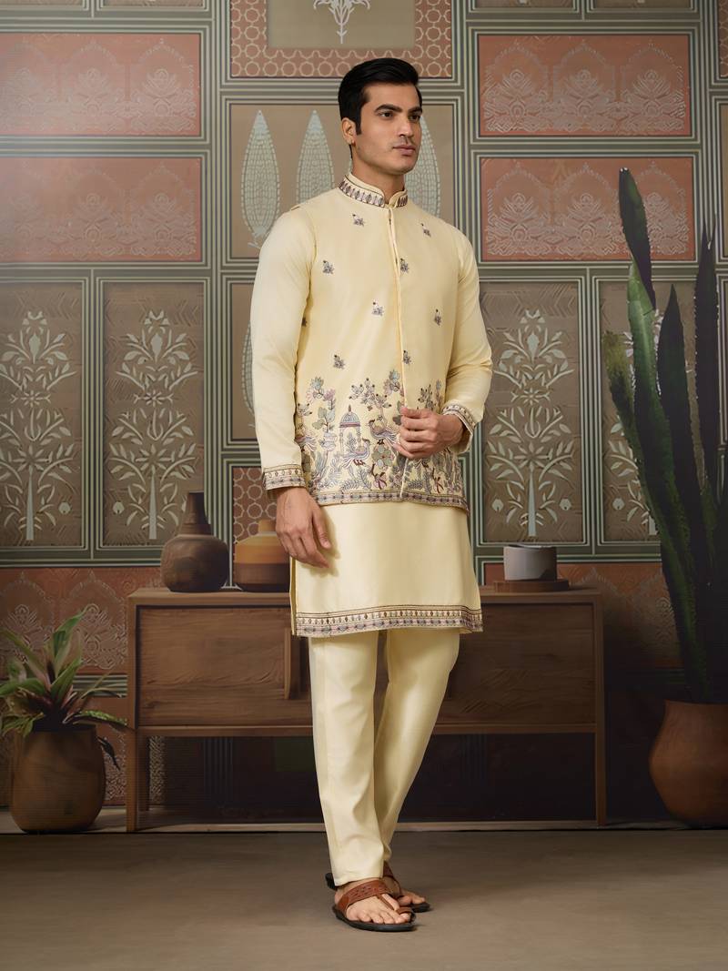 Light yellow silk premium thread & sequins embroidered work festival party wear straight kurta with jacke and pant