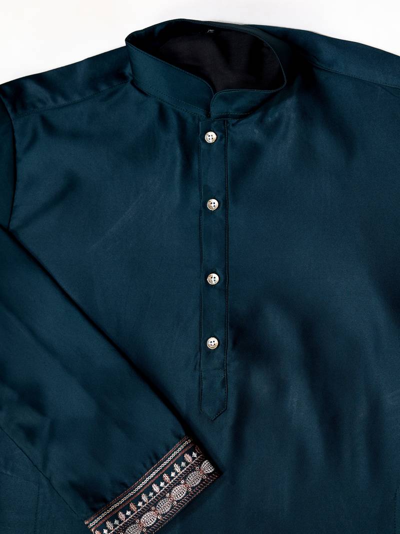 Teal silk premium thread & sequins embroidered work wedding festival party wear straight kurta with jacke and pant