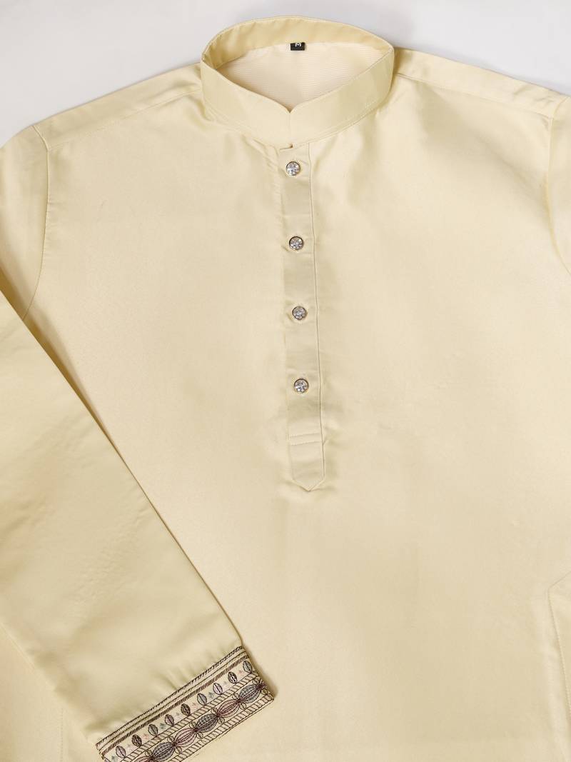 Light yellow silk premium thread & sequins embroidered work festival party wear straight kurta with jacke and pant