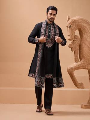 BLACK VISCOSE SILK THREAD & SEQUINS EMBROIDERED WORK FUNCTION FESTIVAL MARRIAGE PARTY WEAR STRAIGHT KURTA PANT DUPATTA 7