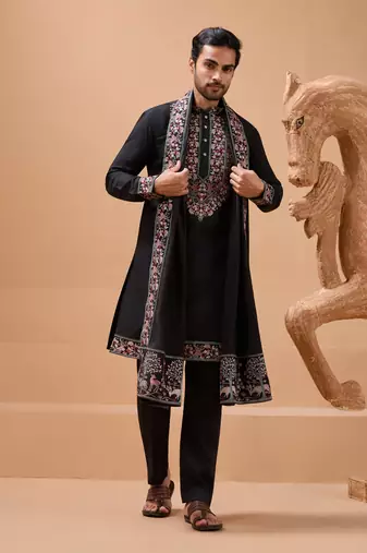 BLACK VISCOSE SILK THREAD & SEQUINS EMBROIDERED WORK FUNCTION FESTIVAL MARRIAGE PARTY WEAR STRAIGHT KURTA PANT DUPATTA