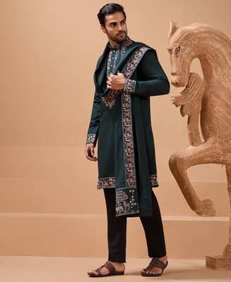 GREEN VISCOSE SILK THREAD & SEQUINS EMBROIDERED WORK FUNCTION FESTIVAL MARRIAGE PARTY WEAR STRAIGHT KURTA PANT DUPATTA 7