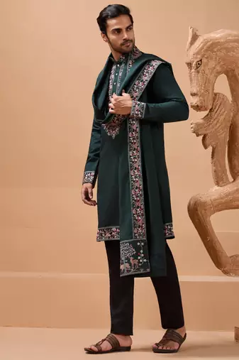 GREEN VISCOSE SILK THREAD & SEQUINS EMBROIDERED WORK FUNCTION FESTIVAL MARRIAGE PARTY WEAR STRAIGHT KURTA PANT DUPATTA