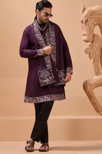 PURPLE VISCOSE SILK THREAD & SEQUINS EMBROIDERED WORK FUNCTION FESTIVAL MARRIAGE PARTY WEAR STRAIGHT KURTA PANT DUPATTA