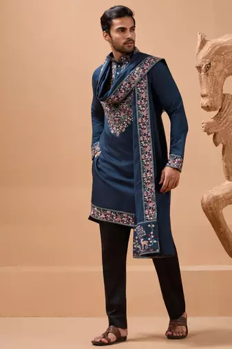 TEAL BLUE VISCOSE SILK THREAD & SEQUINS EMBROIDERED WORK FESTIVAL MARRIAGE PARTY WEAR STRAIGHT KURTA PANT DUPATTA