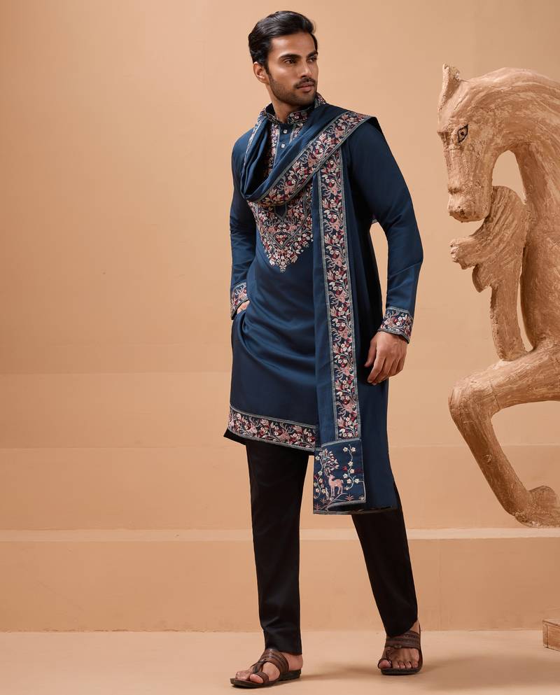 Teal blue viscose silk thread & sequins embroidered work festival marriage party wear straight kurta dupatta