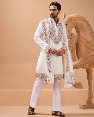 WHITE VISCOSE SILK THREAD & SEQUINS EMBROIDERED WORK FUNCTION FESTIVAL MARRIAGE PARTY WEAR STRAIGHT KURTA PANT DUPATTA 7