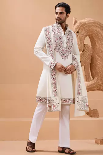 WHITE VISCOSE SILK THREAD & SEQUINS EMBROIDERED WORK FUNCTION FESTIVAL MARRIAGE PARTY WEAR STRAIGHT KURTA PANT DUPATTA