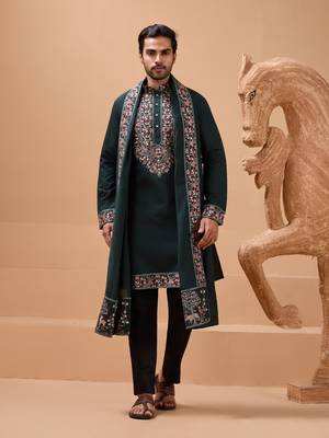 GREEN VISCOSE SILK THREAD & SEQUINS EMBROIDERED WORK FUNCTION FESTIVAL MARRIAGE PARTY WEAR STRAIGHT KURTA PANT DUPATTA 8