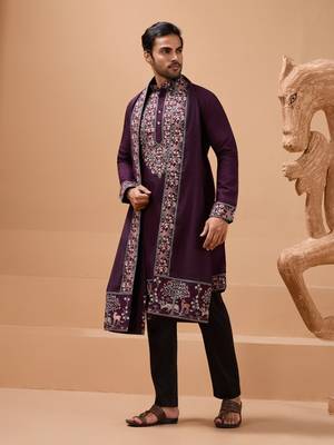 PURPLE VISCOSE SILK THREAD & SEQUINS EMBROIDERED WORK FUNCTION FESTIVAL MARRIAGE PARTY WEAR STRAIGHT KURTA PANT DUPATTA 8