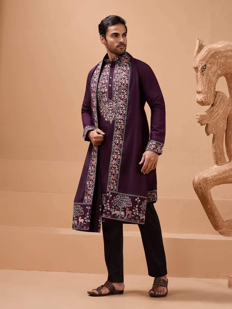 Purple viscose silk thread & sequins embroidered work function festival marriage party wear straight kurta dupatta