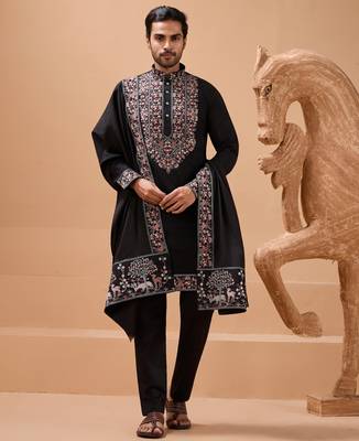 BLACK VISCOSE SILK THREAD & SEQUINS EMBROIDERED WORK FUNCTION FESTIVAL MARRIAGE PARTY WEAR STRAIGHT KURTA PANT DUPATTA 8
