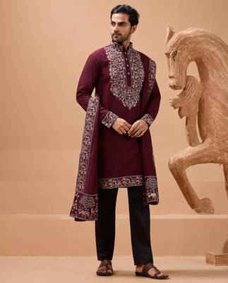 MAROON VISCOSE SILK THREAD & SEQUINS EMBROIDERED WORK FUNCTION FESTIVAL MARRIAGE PARTY WEAR STRAIGHT KURTA PANT DUPATTA 8