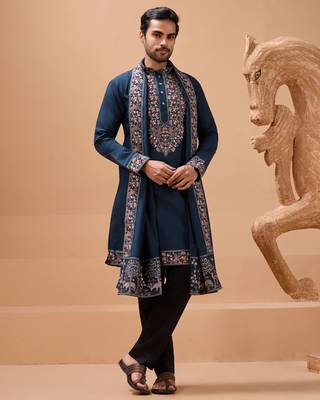 TEAL BLUE VISCOSE SILK THREAD & SEQUINS EMBROIDERED WORK FESTIVAL MARRIAGE PARTY WEAR STRAIGHT KURTA PANT DUPATTA 8