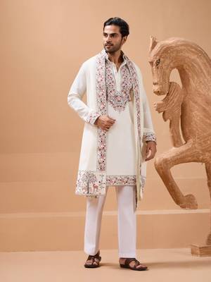 WHITE VISCOSE SILK THREAD & SEQUINS EMBROIDERED WORK FUNCTION FESTIVAL MARRIAGE PARTY WEAR STRAIGHT KURTA PANT DUPATTA 8