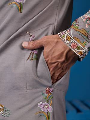 GREY VISCOSE SILK THREAD & SEQUINS EMBROIDERED WORK WEDDING FESTIVAL MARRIAGE FUNCTION PARTY WEAR STRAIGHT MENS KURTA 7