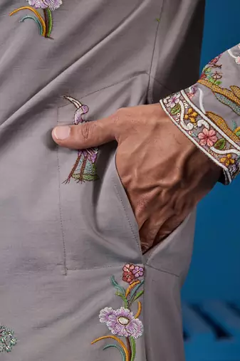 GREY VISCOSE SILK THREAD & SEQUINS EMBROIDERED WORK WEDDING FESTIVAL MARRIAGE FUNCTION PARTY WEAR STRAIGHT MENS KURTA