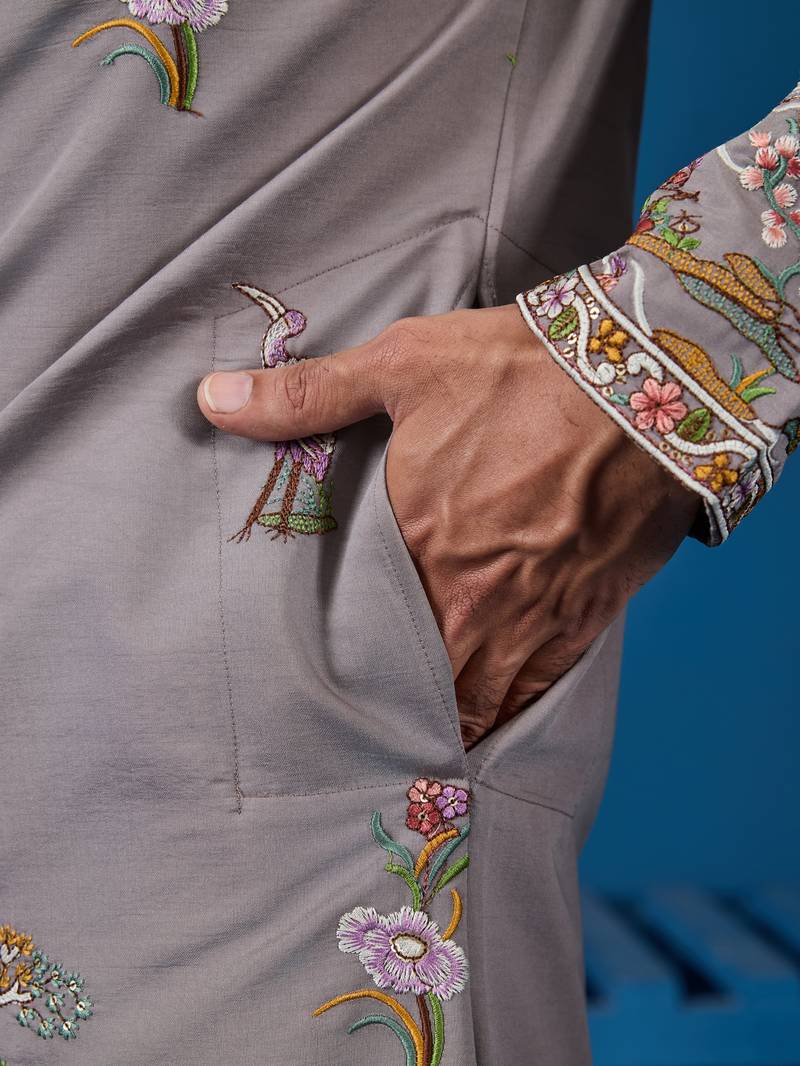 Grey viscose silk thread & sequins embroidered work wedding festival marriage function party wear straight mens kurta