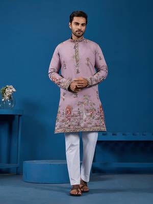 DUSTY PINK VISCOSE SILK THREAD & SEQUINS EMBROIDERED WORK FESTIVAL MARRIAGE FUNCTION PARTY WEAR STRAIGHT MENS KURTA 8