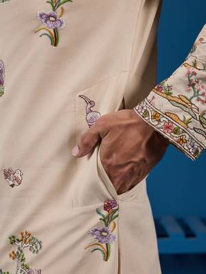 BEIGE VISCOSE SILK THREAD & SEQUINS EMBROIDERED WORK WEDDING FESTIVAL MARRIAGE FUNCTION PARTY WEAR STRAIGHT MENS KURTA 7