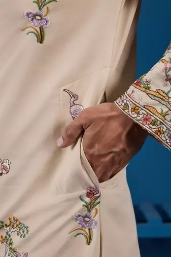 BEIGE VISCOSE SILK THREAD & SEQUINS EMBROIDERED WORK WEDDING FESTIVAL MARRIAGE FUNCTION PARTY WEAR STRAIGHT MENS KURTA