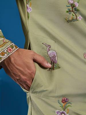 PISTA GREEN VISCOSE SILK THREAD & SEQUINS EMBROIDERED WORK FESTIVAL MARRIAGE FUNCTION PARTY WEAR STRAIGHT MENS KURTA 7