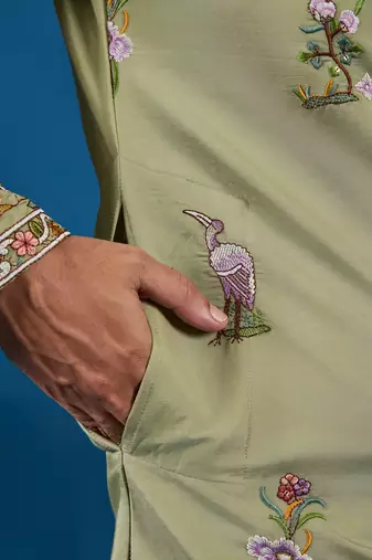 PISTA GREEN VISCOSE SILK THREAD & SEQUINS EMBROIDERED WORK FESTIVAL MARRIAGE FUNCTION PARTY WEAR STRAIGHT MENS KURTA