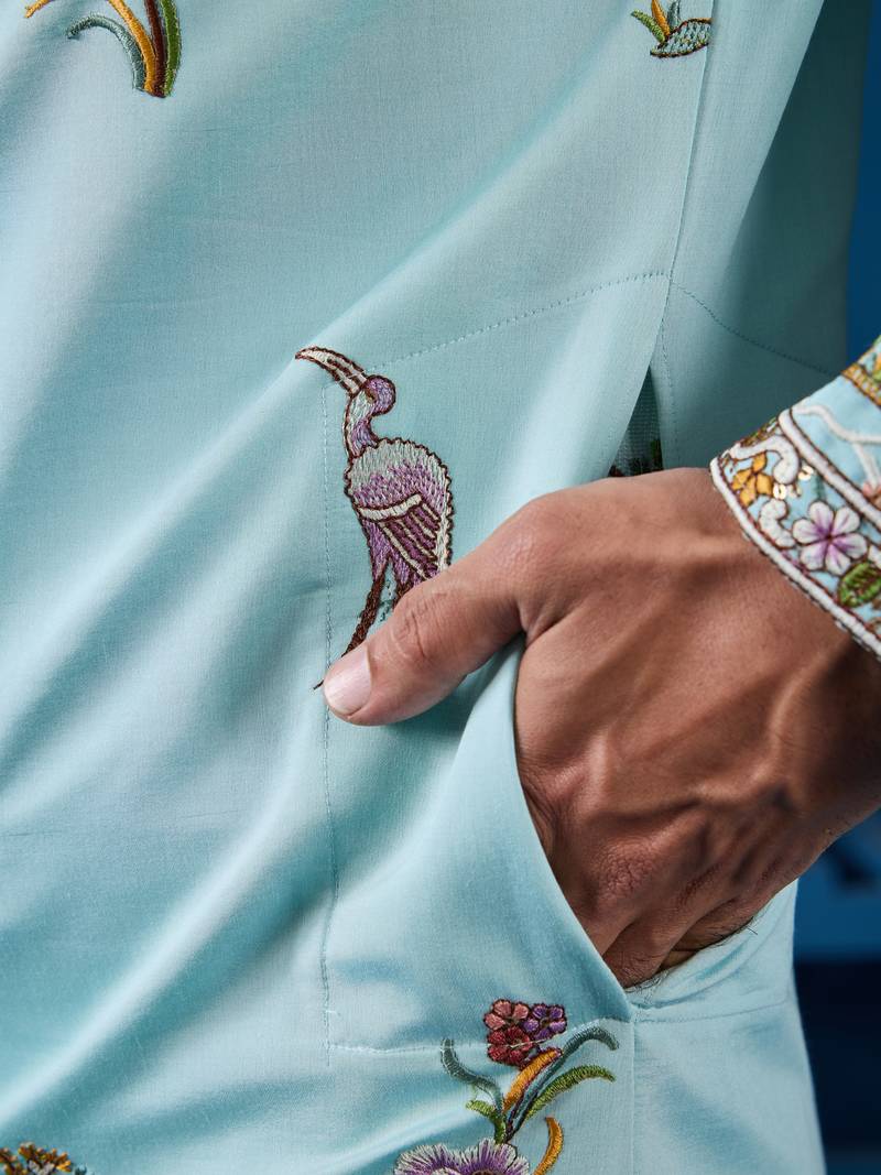 Sky blue viscose silk thread & sequins embroidered work festival marriage function party wear straight mens kurta