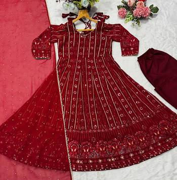 Maroon simmer silk party wear  embroidery Skirt suit 3