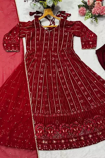 Maroon simmer silk party wear  embroidery Skirt suit