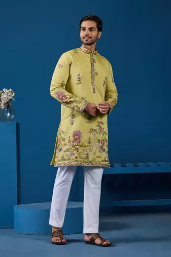 YELLOW VISCOSE SILK THREAD & SEQUINS EMBROIDERED WORK WEDDING FESTIVAL MARRIAGE FUNCTION PARTY WEAR STRAIGHT MENS KURTA