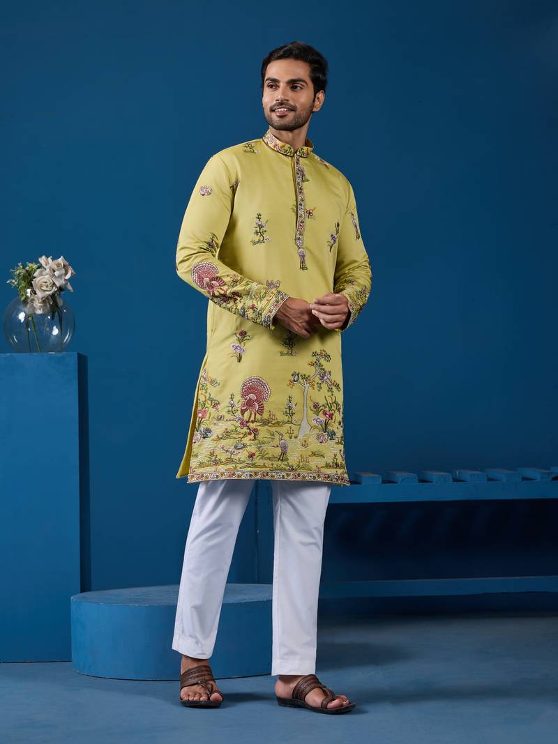 Yellow viscose silk thread & sequins embroidered work wedding festival marriage function party wear straight mens kurta