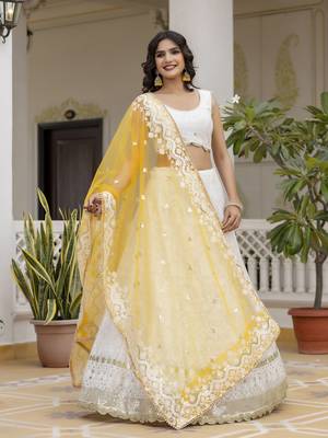 White Georgette Embroidered Semi-stitched Lehenga Choli With Dupatta for Women 7