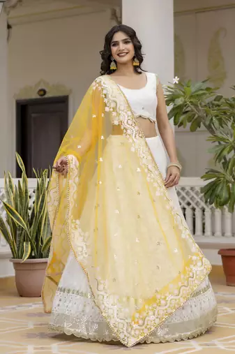 White Georgette Embroidered Semi-stitched Lehenga Choli With Dupatta for Women