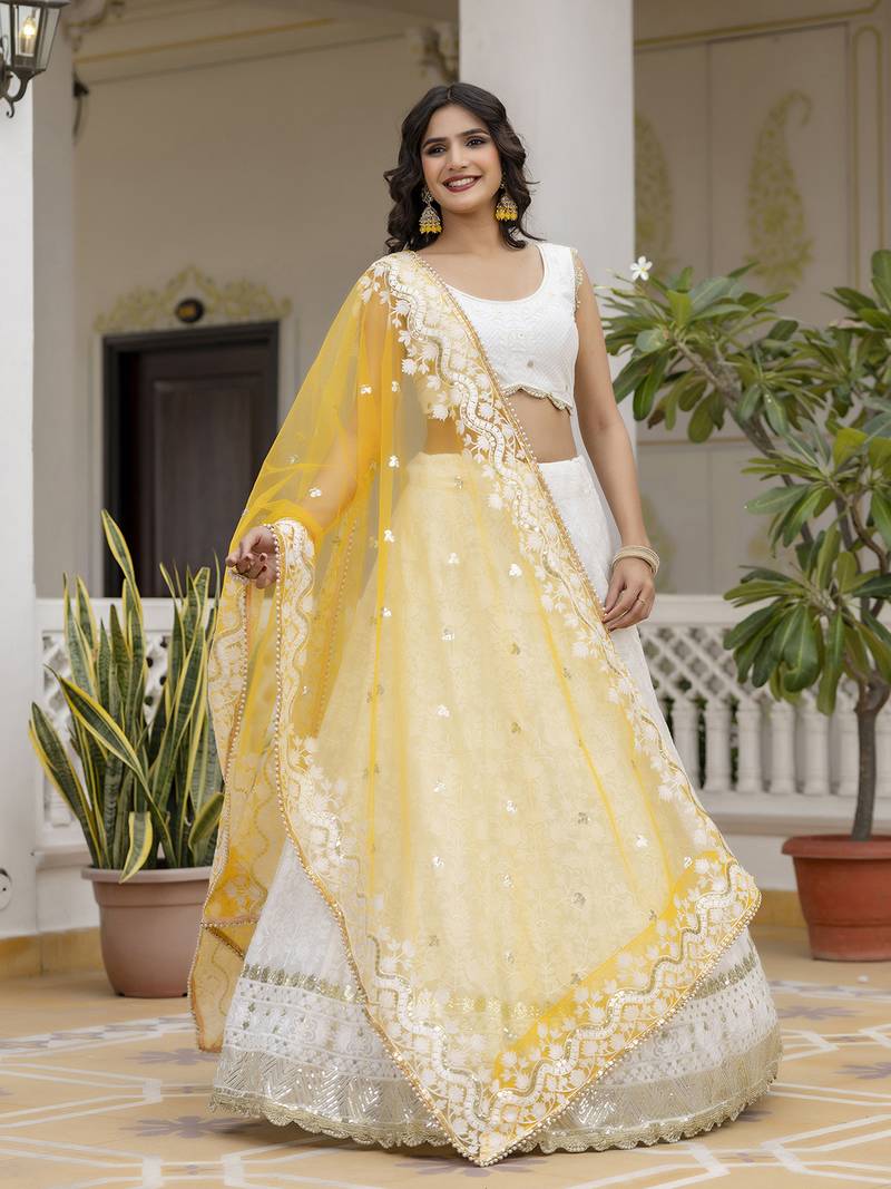 White Georgette Embroidered Semi-stitched Lehenga Choli With Dupatta for Women