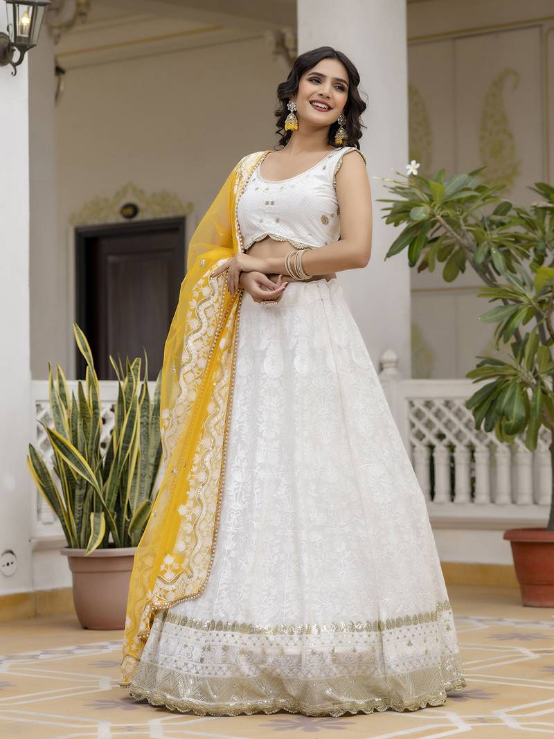 White Georgette Embroidered Semi-stitched Lehenga Choli With Dupatta for Women