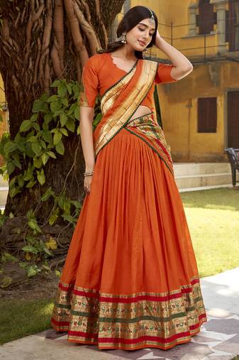 orange printed chanderi lehenga choli with dupatta