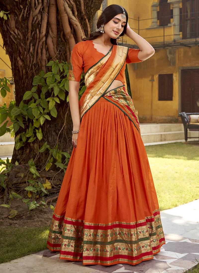 orange printed chanderi lehenga choli with dupatta