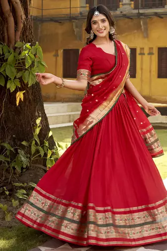 red printed chanderi lehenga choli with dupatta