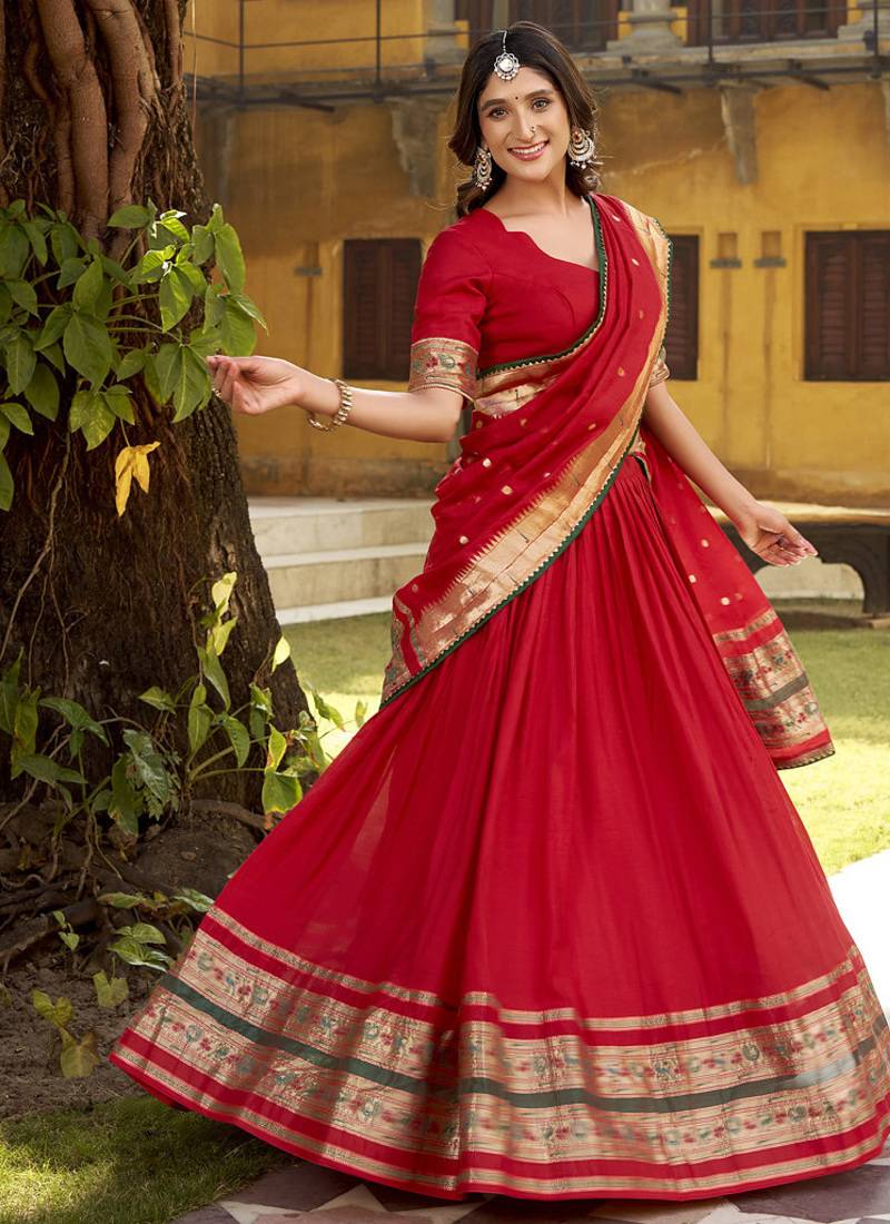 red printed chanderi lehenga choli with dupatta