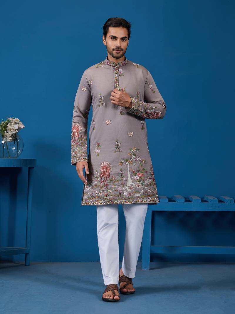 Grey viscose silk thread & sequins embroidered work wedding festival marriage function party wear straight mens kurta