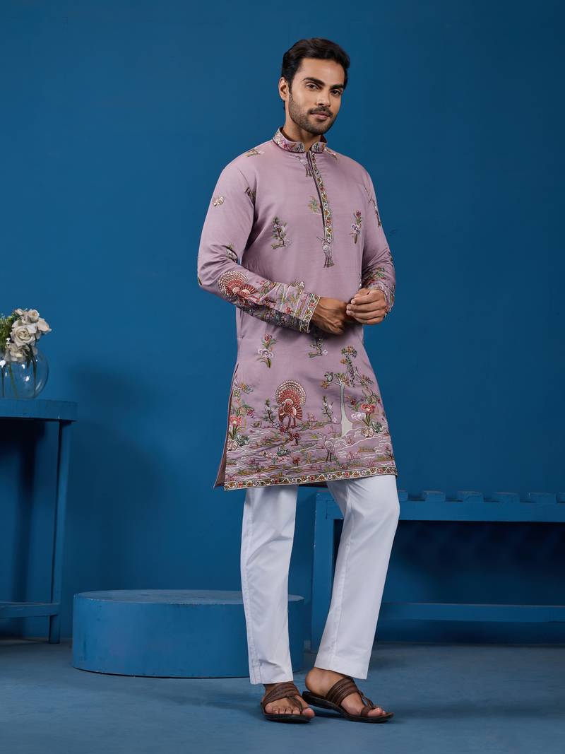 Dusty pink viscose silk thread & sequins embroidered work festival marriage function party wear straight mens kurta